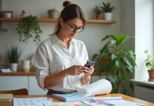 Femme organisée avec posters et smartphone dans la cuisine