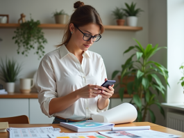 Coût moyen d’une affiche : Prix, Budget et Conseils 2025 Femme organisée avec posters et smartphone dans la cuisine