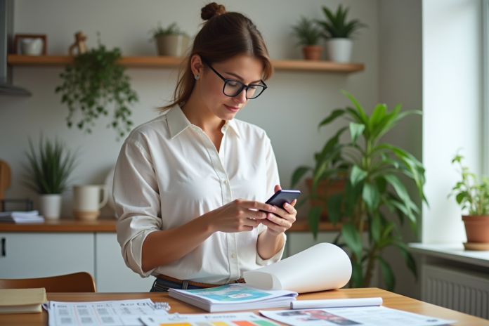 femme-organisation-budget Femme organisée avec posters et smartphone dans la cuisine