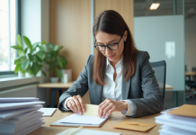 Mise sous pli : définition, avantages et processus en entreprise Femme d affaires plie des lettres dans un bureau organisé