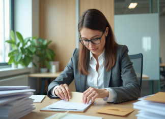 Mise sous pli : définition, avantages et processus en entreprise Femme d affaires plie des lettres dans un bureau organisé