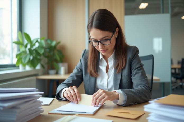 femme-organisation-bureau Femme d affaires plie des lettres dans un bureau organisé