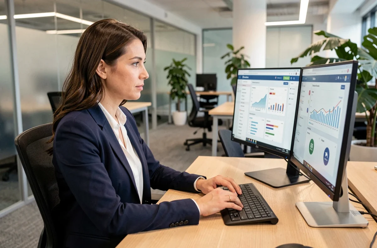 Femme professionnelle utilisant un portail métier sur deux écrans dans un bureau moderne en open space