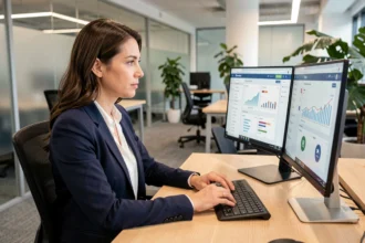 Femme professionnelle utilisant un portail métier sur deux écrans dans un bureau moderne en open space