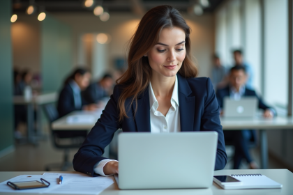 Femme professionnelle analysant des données marketing sur un ordinateur