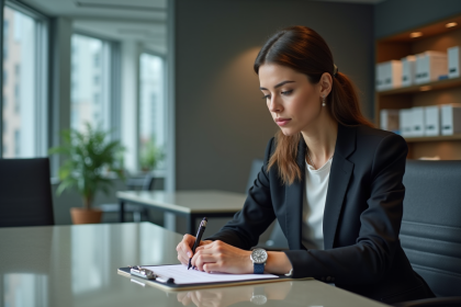 Femme d affaires concentrée prenant des notes au bureau