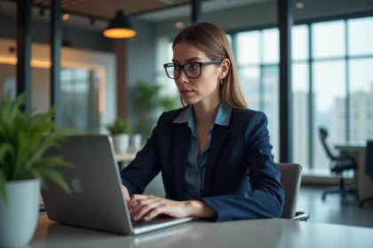 Femme confiante en costume navy utilisant un appareil IA dans un bureau moderne