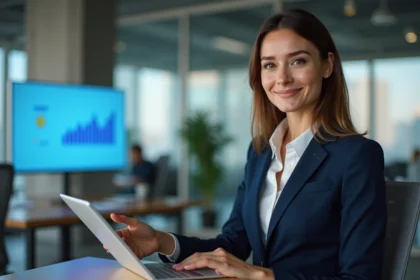 Femme d affaires en costume navy avec tablette dans un bureau moderne