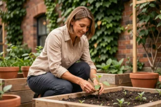 Femme en reconversion professionnelle examinant des plants dans un jardin urbain écologique
