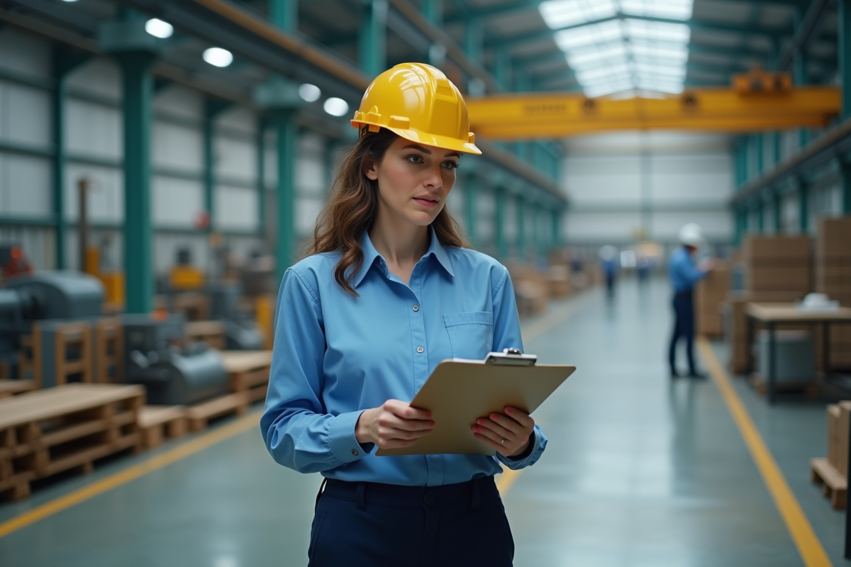 Femme d age moyen vérifiant des consignes de sécurité dans une usine