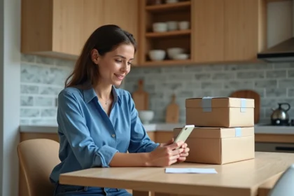 Femme utilisant son smartphone avec un colis Geodis dans la cuisine