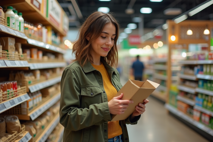 femme-supermarche-recyclage Femme examinant emballages recyclables en supermarche