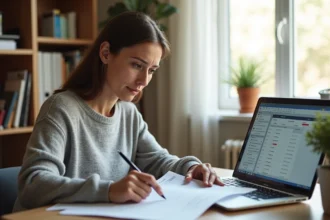 Femme en télétravail vérifiant ses heures de travail sur une feuille de temps imprimée à son bureau à domicile
