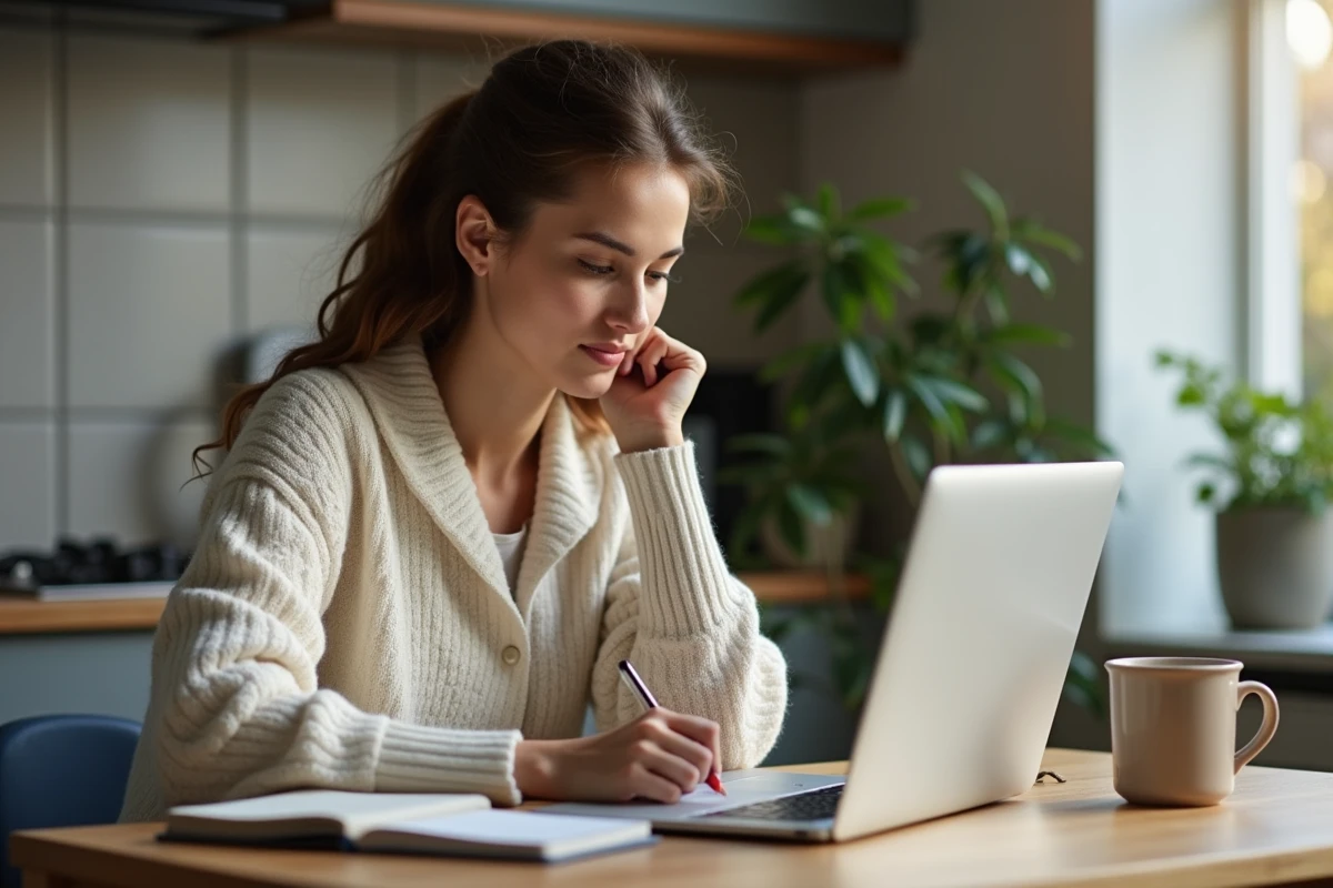 Femme assise à la cuisine en train de travailler