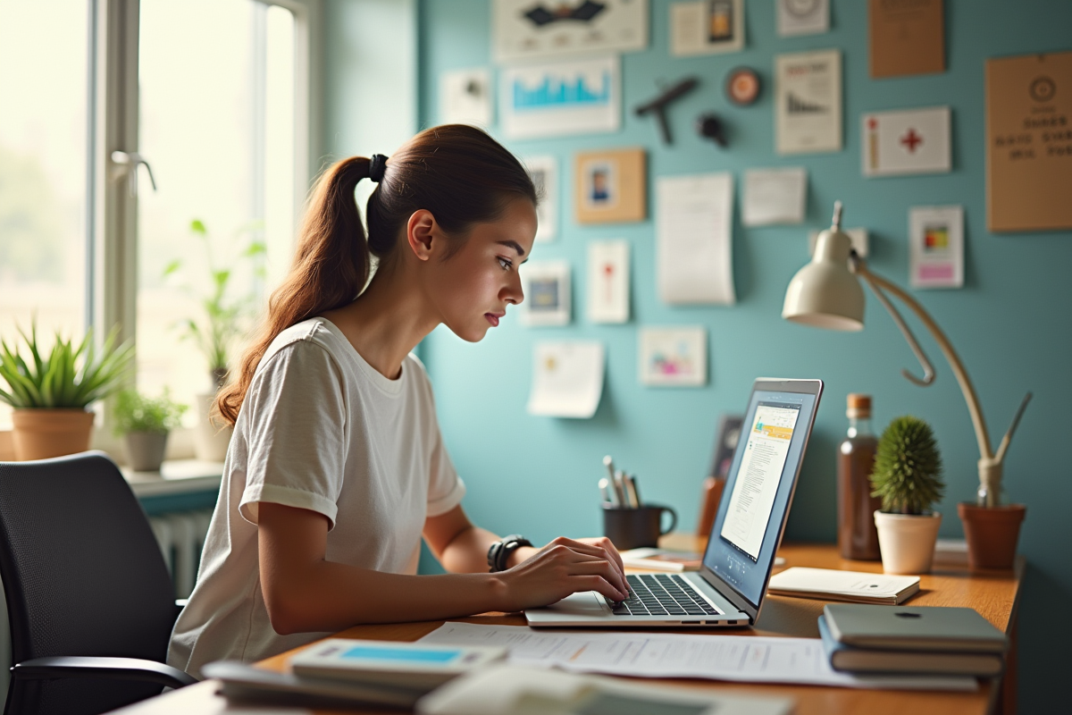 Jeune femme travaillant chez elle avec objets d