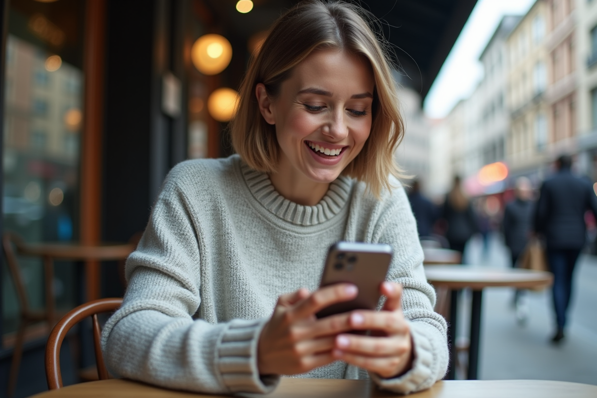 Femme souriante utilisant son smartphone dans un café urbain