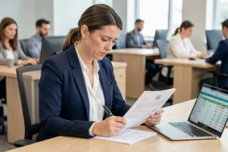 Femme cadre vérifiant son contrat de travail pour calculer son préavis de démission