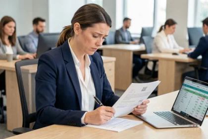 Femme cadre vérifiant son contrat de travail pour calculer son préavis de démission