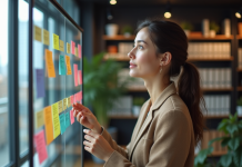 Carrière professionnelle : comment visualiser son avenir avec succès ? Femme regardant un tableau de vision pour sa carrière