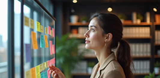 Carrière professionnelle : comment visualiser son avenir avec succès ? Femme regardant un tableau de vision pour sa carrière