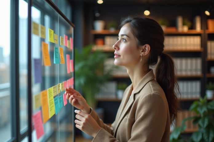 femme-vision-board-carriere Femme regardant un tableau de vision pour sa carrière