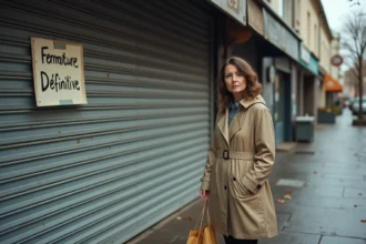 Femme devant un supermarché fermé définitivement avec panneaux de fermeture sur la devanture
