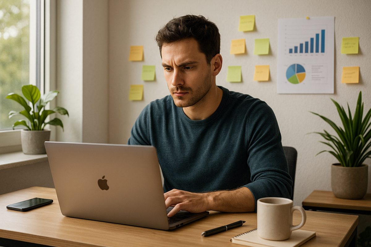 Freelance concentré travaillant sur un ordinateur dans un bureau moderne