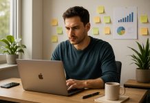 Freelance concentré travaillant sur un ordinateur dans un bureau moderne
