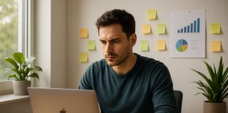 Freelance concentré travaillant sur un ordinateur dans un bureau moderne