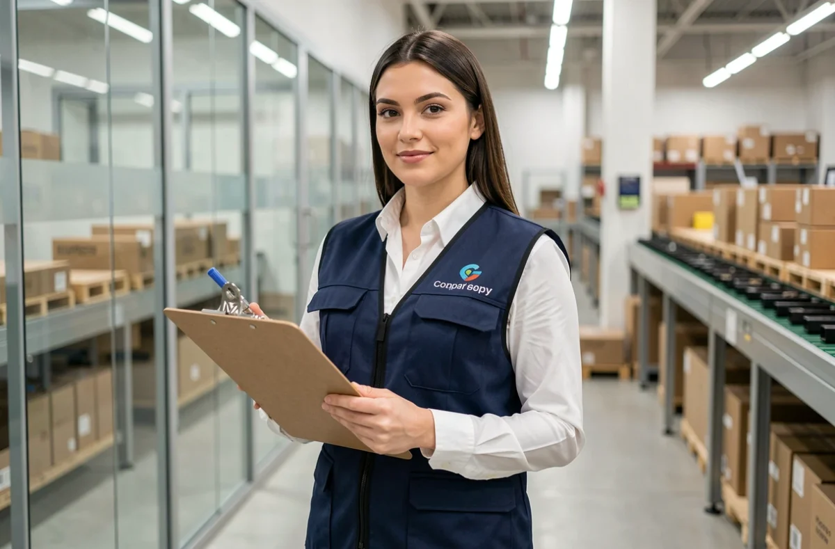 Coordinatrice logistique portant un gilet de sécurité personnalisé bleu marine dans un centre de distribution moderne