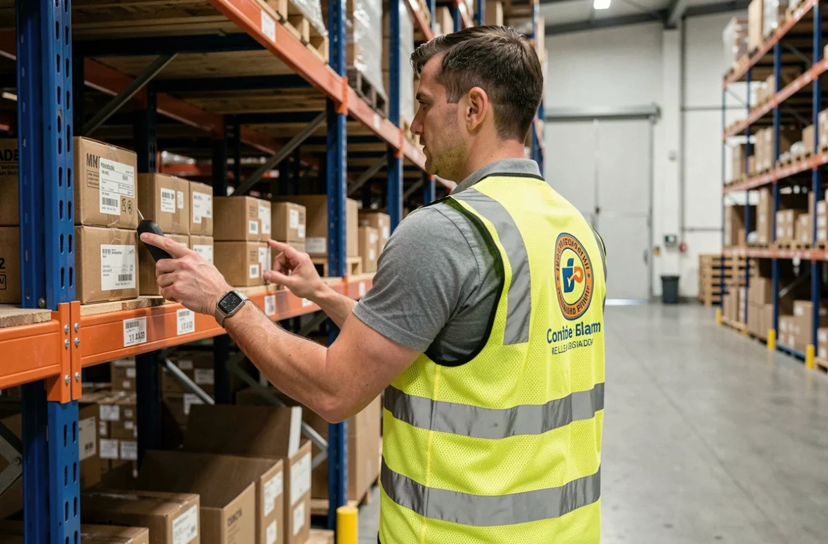 Ouvrier portant un gilet de sécurité jaune personnalisé avec logo d'entreprise dans un entrepôt industriel
