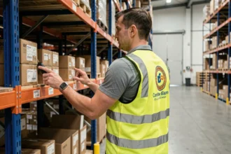 Ouvrier portant un gilet de sécurité jaune personnalisé avec logo d'entreprise dans un entrepôt industriel