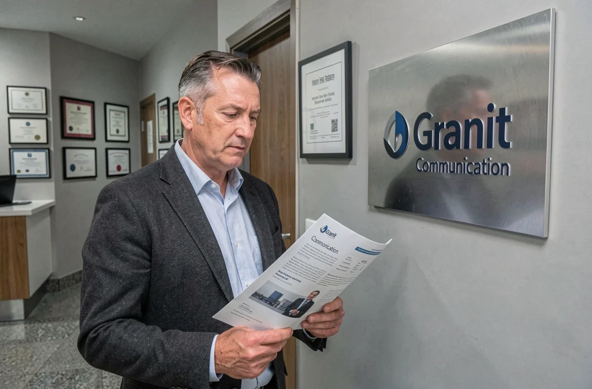 Directeur de communication de Granit Communication tenant un dossier de presse devant l'identité visuelle de l'agence