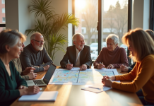 Groupe de citoyens divers discutant autour d'une table lumineuse