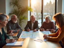 Groupe de citoyens divers discutant autour d'une table lumineuse