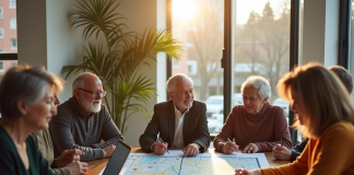 Groupe de citoyens divers discutant autour d'une table lumineuse