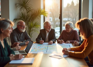 Groupe de citoyens divers discutant autour d'une table lumineuse