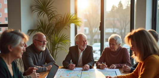Participation communautaire au gouvernement local : avantages et enjeux Groupe de citoyens divers discutant autour d'une table lumineuse