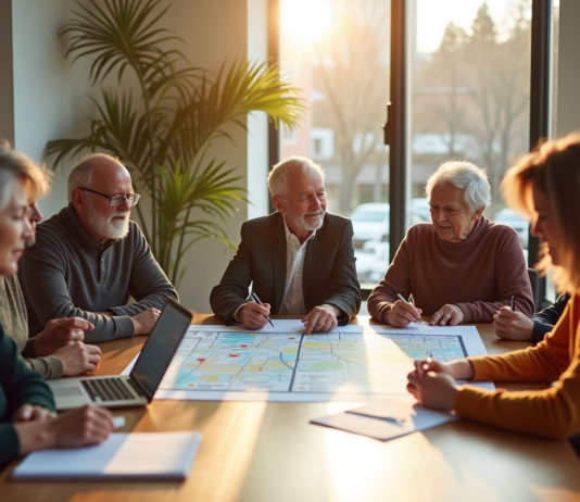 Participation communautaire au gouvernement local : avantages et enjeux Groupe de citoyens divers discutant autour d'une table lumineuse