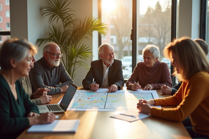 Groupe de citoyens divers discutant autour d'une table lumineuse