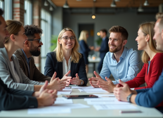 Groupe de collègues en réunion dans un bureau moderne