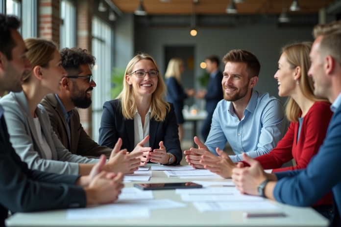 Groupe de collègues en réunion dans un bureau moderne