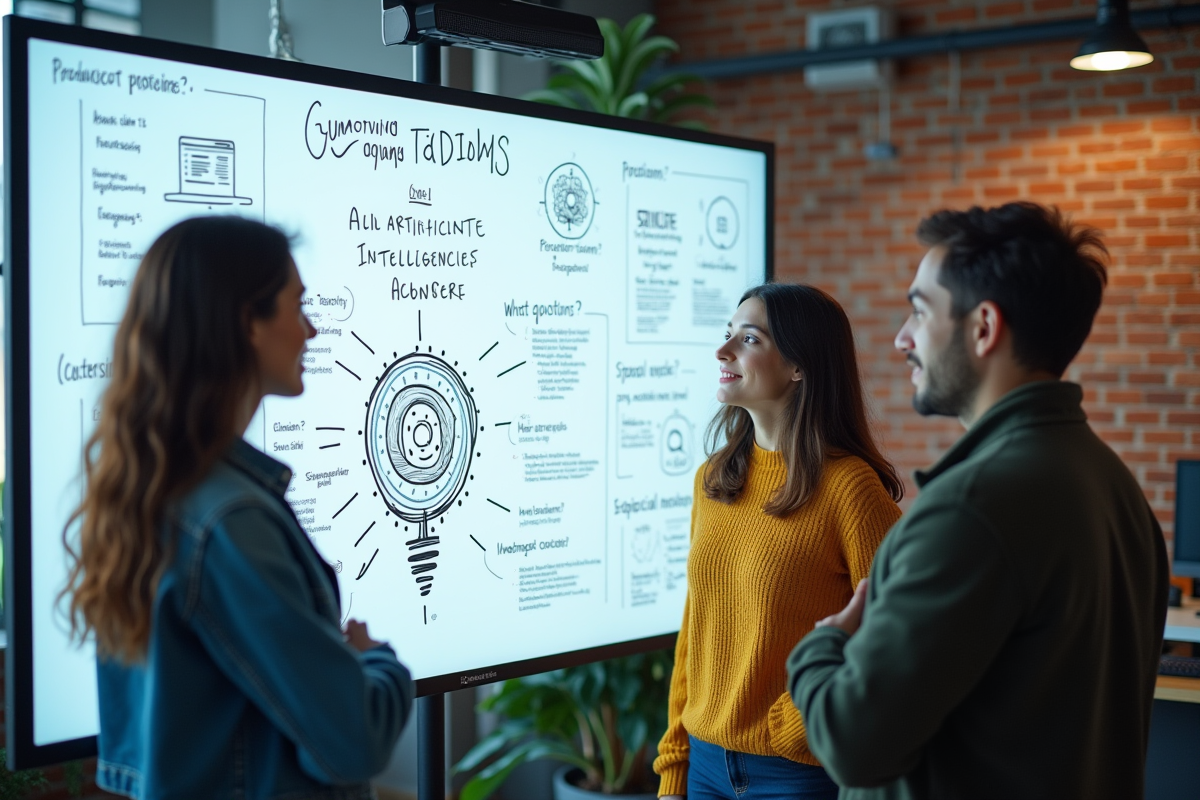 Groupe de jeunes professionnels discutant devant un tableau blanc digital