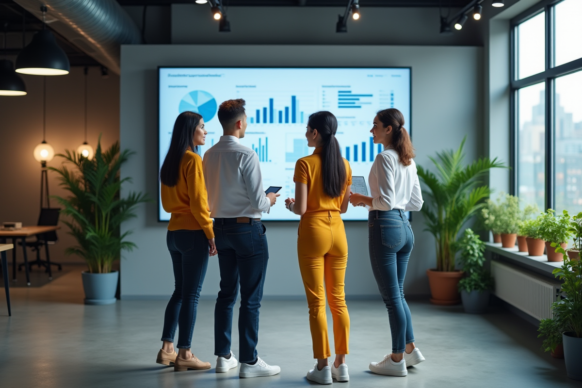 Groupe de marketers discutant devant un tableau digital