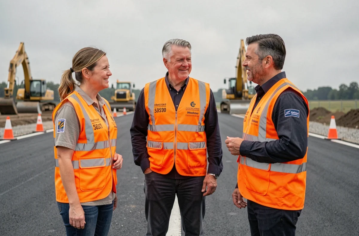 Groupe d'ouvriers en gilets haute visibilité orange personnalisés sur un chantier routier