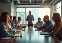 Groupe de professionnels divers autour d'une table moderne