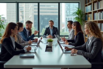 Groupe de professionnels en réunion dans une salle moderne