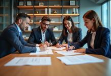 Questionnaire d’audit : Réalisez un audit performant en 5 étapes Quatre professionnels en réunion dans un bureau moderne