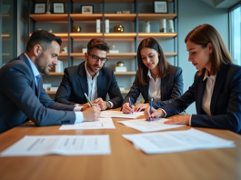 Quatre professionnels en réunion dans un bureau moderne