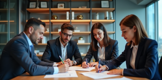 Quatre professionnels en réunion dans un bureau moderne
